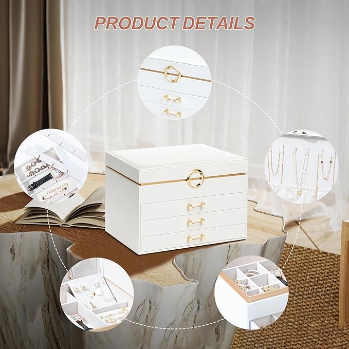 Jewelry Box for Women,4-Layer Leather Jewelry Holder Organizer with 3 Drawers Large Jewelry Storage Boxes, Lots of Storage Space For Ring,Necklace,Bracelets,Earring（White）
