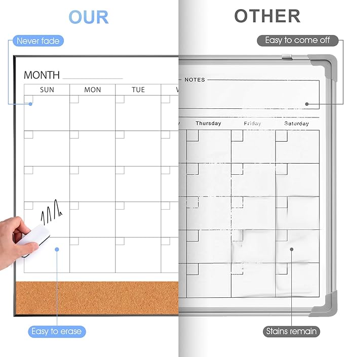 ARCOBIS Dry Erase Calendar with Cork Board for Wall, 36"x 24" Magnetic Calendar Whiteboard with Black Frame, Monthly Combination Board for School, Home, Office