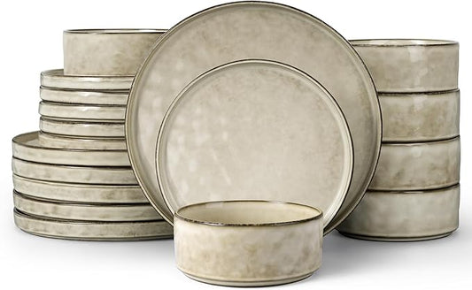LIANYU 18 Piece Dinnerware Dish Set for 6, Stoneware Plates and Bowls, Ceramic Dinner Tableware Sets Includes Dinner Salad Plates, Cereal Bowls, Chip & Scratch Resistant, Sandy Beige