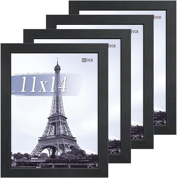 VCK 11x14 Picture Frame Set of 4 - Black, Gallery-Quality Wood Poster Frames, 1.1-Inch Wide Border, Polished Plexiglass, Vertical or Horizontal Wall & Tabletop Display for Photo/Art/Prints, Black