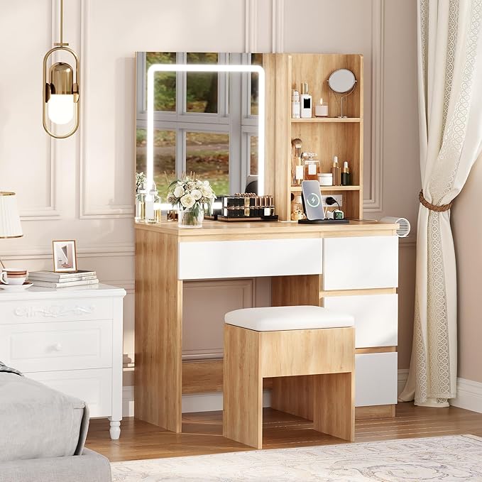 Vanity Desk with Mirror and LED Light, Vanity Desk with 4 Drawers, Power Outlet, Storage Stool, Storage Shelves & Hair Dryer Holder, Adjustable 3 Lighting Mode, Makeup Vanity Set for Bedroom, Natural
