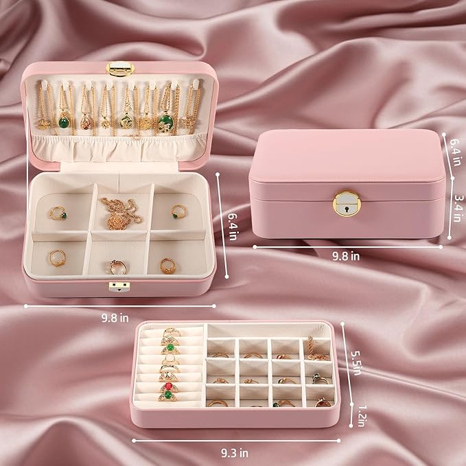Travel Jewelry Case With Lock, 2-Layer PU Leather Jewelry Box for Women, Ring Box and Jewelry Organizer, Large Jewelry Travel Case,Best Gifts for Women for the Holidays(Pink)