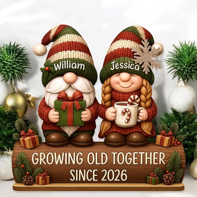 Personalized Growing Old Together Christmas Wooden Plaque, Custom Couple Figurine Gift, Festive Holiday Home Decor, Romantic Keepsake for Husband Wife, Grandparents, Anniversary Christmas Gift
