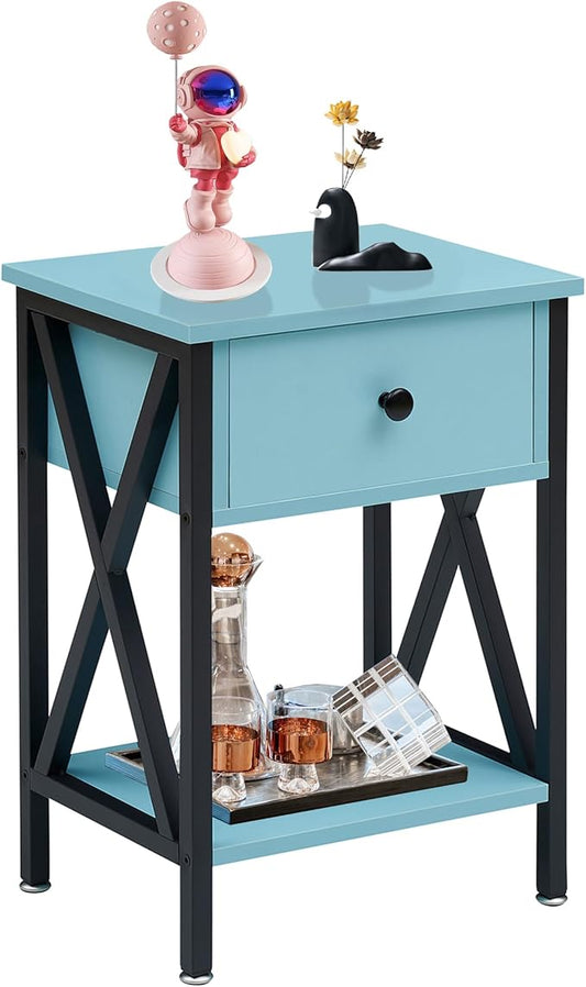 VECELO Nightstand,Modern Bedside End Table, Night Stand with Drawer and Storage Shelf for Living Room Bedroom, Industrial Metal Frame