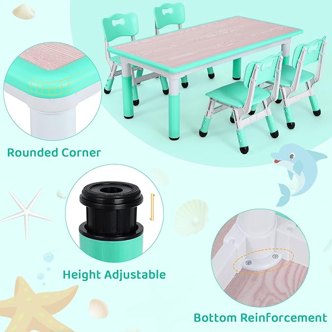 Arlopu Kids Table and 4 Chair Set, Height Adjustable Toddler Table and Chair Set, Non-Slip Legs, Graffiti Desktop, Large Children Activity Table, Reading Daycare Classroom Home (Light Green)