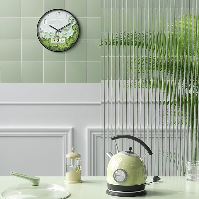 Modern Wall Clock with Temperature Green Forest Large Display Non-Ticking Battery Operated Clock with Date and Week for Kitchen Bedroom Living Room Farmhouse Decor 12 Inch