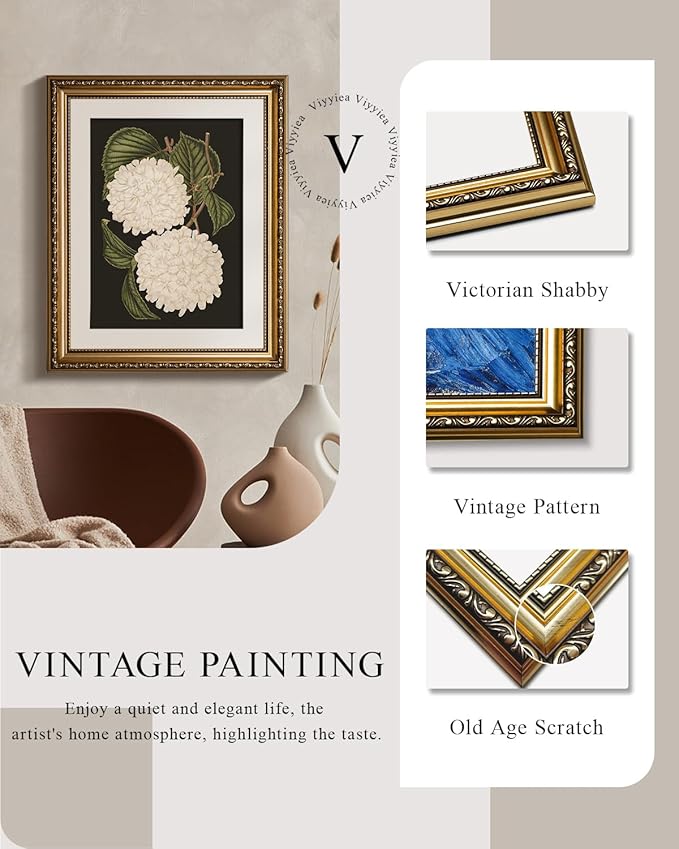 VIYYIEA Gold Framed Wall Art Canvas Print Home Decor White Hydrangea Oil Painting Canvas Prints Room Aesthetic Flower Prints Decoration Bedroom Bathroom Wall Decor Kitchen Office 13x16in