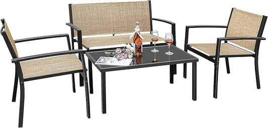 Greesum 4 Pieces Outdoor Furniture Set All Weather Patio Conversation Set with Porch Loveseat, Garden Bistro Chairs with Glass Coffee Table for Garden Backyard Poolside Textile Modern, Yellow