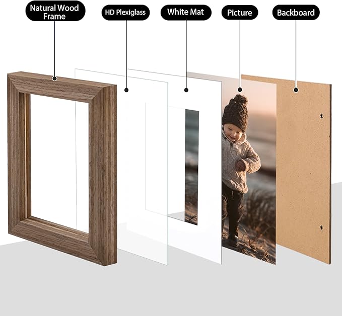 KINLINK 4x6 Picture Frames Rustic brown, Solid Wood Frames with Acrylic Plexiglass for 3.5x5 with Mat or 4x6 without Mat, Tabletop and Wall Display Photo Frame, Set of 4