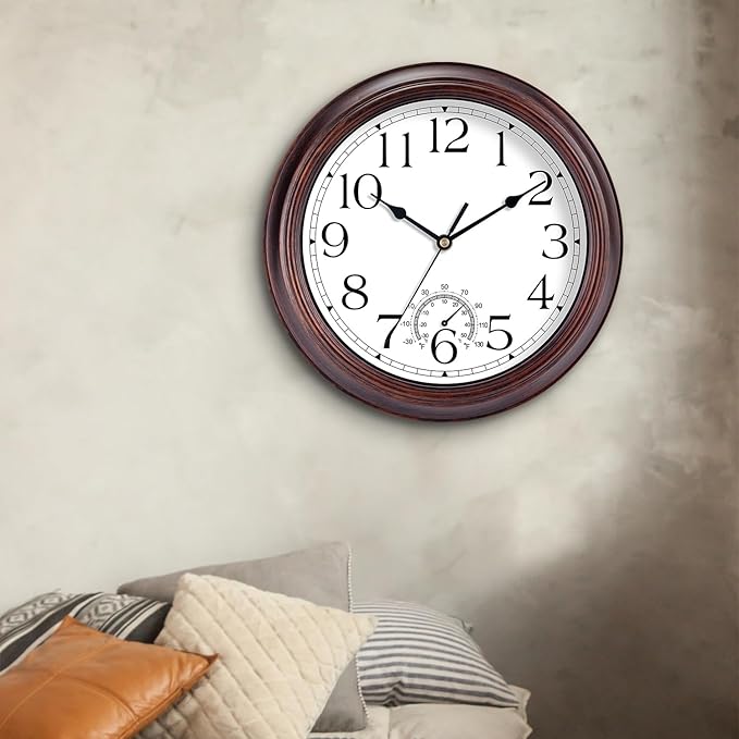 14 Inch Outdoor Wall Clock with Thermometers, Vintage Silent Wall Clocks Battery Operated, Retro Non-Ticking Clock Decorative for Living Room, Patio, Kitchen, Office, Bathroom, Bedroom(Bronze)