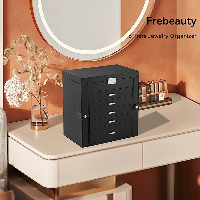 Frebeauty Large Jewelry Box,6-Tier PU Leather Jewelry Organizer,Multi-functional Storage Case with Mirror,Accessories Holder with 5 Drawers for Necklace Bracelets Watches(Black)
