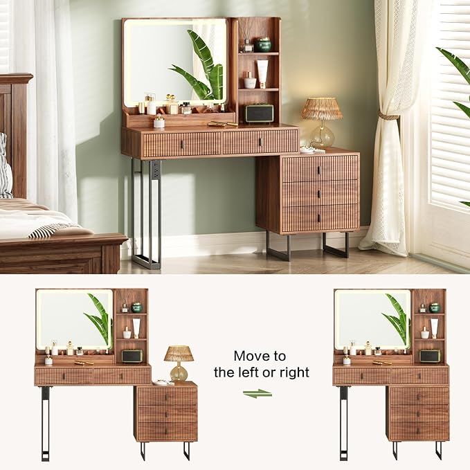 Large Vanity Desk with 3 Color Touch Screen Dimming Mirror, Vanity Desk with Charging Station, Modern Retractable Makeup Dressing Table, Makeup Table With storage shelves and 5 Sliding Drawers, Walnut