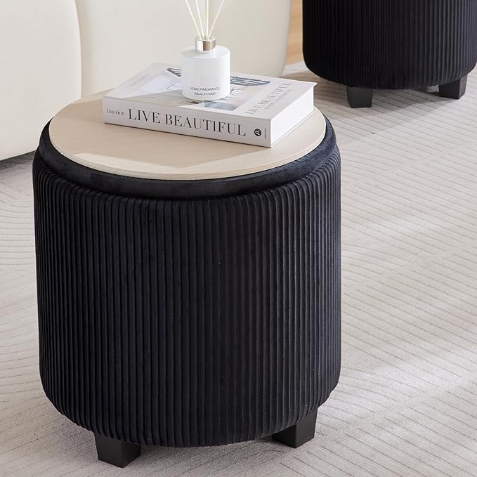 Round Ottoman with Storage Set of 2-Upholstered Sherpa Vanity Stool for Makeup Multifunctional Ottomans Coffee Table Padded Seat Foot Rest (Engineered Wood, Large Black)