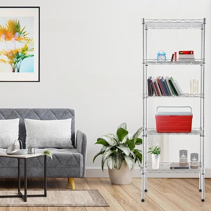PayLessHere 5-Tier Adjustable Wire Shelf 12" W x 17" D x 48" H Max Load 750 lbs, Easy Assembly, Versatile Storage Solution, Durable and Stable for Home and Office,Chrome