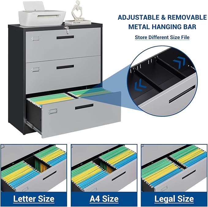 3 Drawer Lateral File Cabinet with Lock, Metal Steel Filling Cabinets for Home Office, Gray Lockable Storage Cabinet for Hanging Files Letter/Legal/F4/A4 Size-Assembly Required