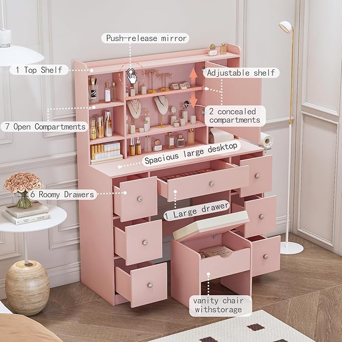 Vanity Desk with Mirror & LED Lights, Built-in Power Outlet, Dimmable LED Lighting, 7 Drawers & 7 Storage Compartments, Includes Padded Stool – Ideal Table for Bedroom Dressing Room (Pink)