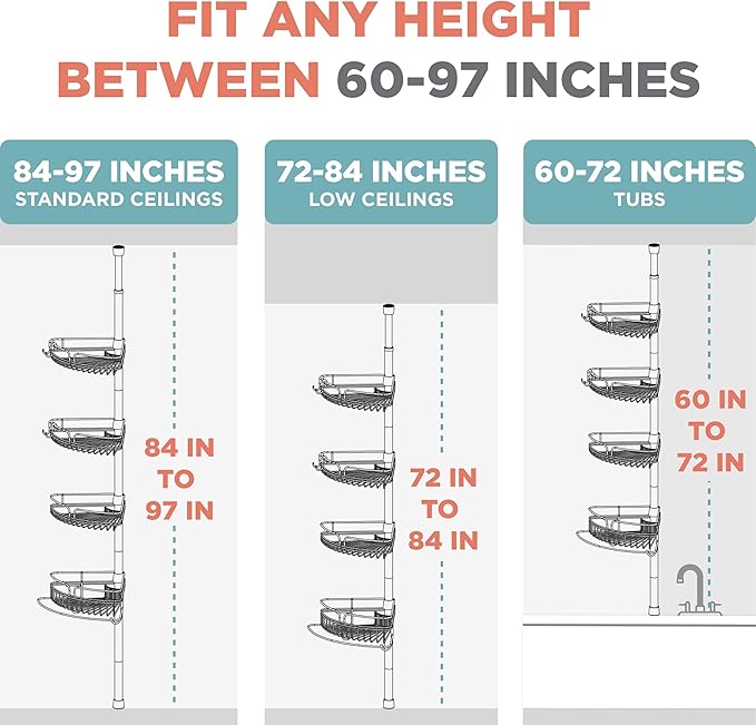 Zenna Home Tension Pole Shower Caddy Corner Organizer, Adjustable Standing Shower Caddy with 4 Baskets and Built in Towel Bar, Rust Resistant Bathroom Tension Rod Organizer, 60 to 97 Inch, Matte Black