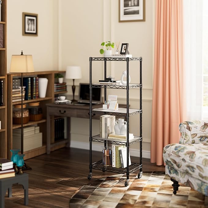 Small 5 Tier Shelves Storage Wire Shelving Unit Metal Shelf Adjustable Organizers Storage Shelving with Wheels for Bathroom Laundry Room Kitchen Pantry12”D x 18”W x 57.2”H Black