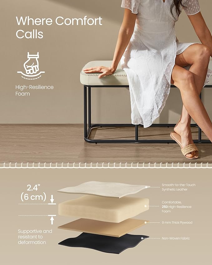 VASAGLE EKHO Collection - Storage Bench for Entryway, Ottoman Bench with Steel Frame, 43.3-Inch Wide, Synthetic Leather, Living Dining Room, Mid-Century Modern, Loads 660 lb, Cream White ULOM085W02