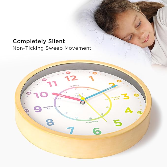 LittleHippo Learning Clock for Kids for Teaching to Tell Time - Kid's Analog, Silent, Non-Ticking Wall Clock for Bedrooms, Nursery, Playroom, School Classroom, Study to Learn to Tell Time