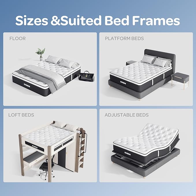 OhGeni 10 Inch Cooling Queen Size Mattress, Hybrid Gel-Infused Memory Foam Bed Mattresses in a Box, Medium Feel Cool Top Fabric, Individual Pocket Innerspring, 3-Zone Design & Reinforced Edge Support