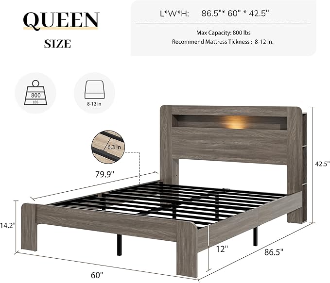 Queen Size Wooden Bed Frame with Bookcace Storage Headboard, Rustic Farmhouse Bedframe with LED Lights and Charging Station, Sturdy and Stable, Slat Support, No Box Spring Required (Light Brown)