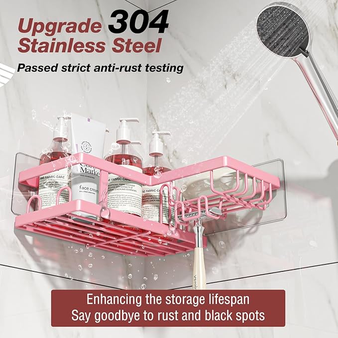 4-Pack Adhesive Corner Shower Caddy with Soap Holder, No Drilling Wall Mounted Shower Shelves-Rustproof, Organizer for Bathroom, Kitchen & Home Decor. Pink