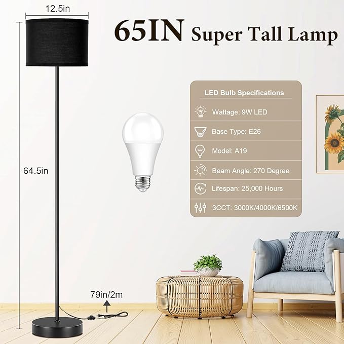 TOBUSA 65’’ Black Floor Lamp for Bedroom, Living Room Pole Floor Light with Black Shade, Modern Tall Standing Lamp with 3-Color Changing E26 Bulbs, Minimalist Stand-up LED Floor Lamp with Foot Pedal