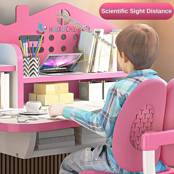 Kids Desk and Chair Set, Height Adjustable Kids Study Table and Chair Set, Children School Desk with Storage Drawer and Book Stand, Ergonomic Child Toddler Deskwith Sitting Posture Corrector (Pink 2)