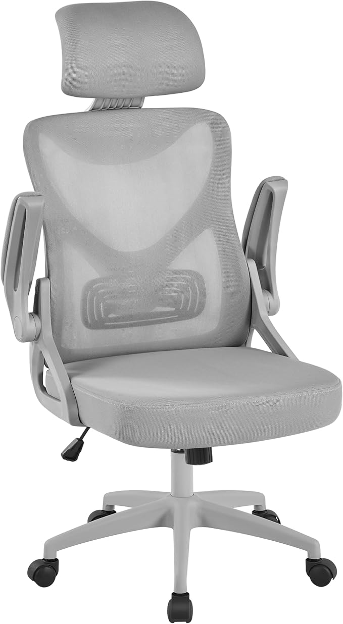 Yaheetech Ergonomic Mesh Office Chair, High Back Desk Chair with with flip-up Armrests, Adjustable Padded Headrest Computer Chair with Lumbar Support for Home Oiffce Game Room, Full Gray