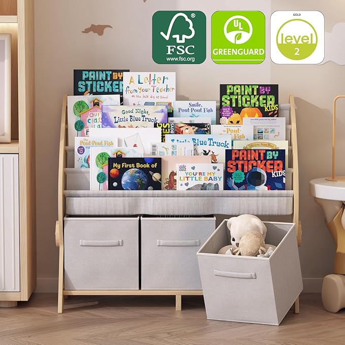 Kids Bookshelf 4 Tier Toddler Book Rack Baby Bookcase with 3 Toy Storage Organizer Cube Bins Fabric Sling Children Bookshelf for Boys Girls Kids Room Nursery Palyroom Book Display Shelf Wood