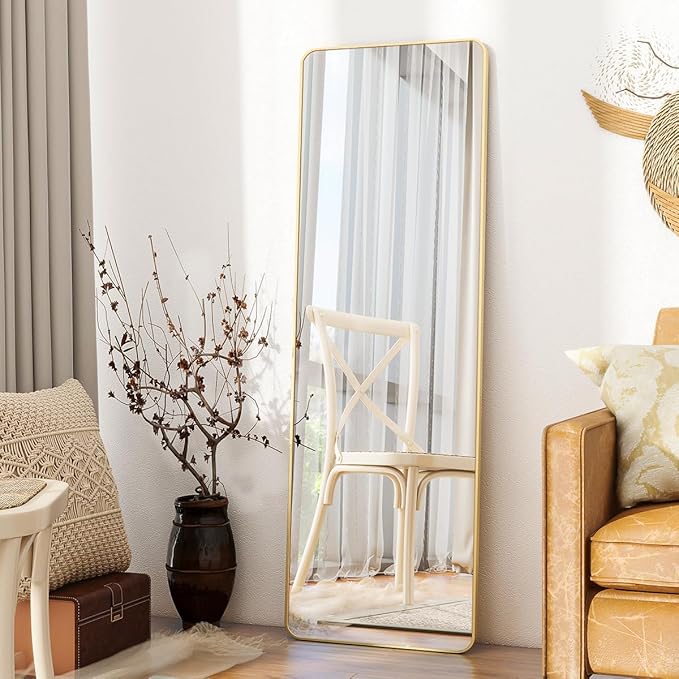 BEAUTYPEAK 59"x16" Mirror Full Length, Standing or Leaning Rounded Corner Full Body Floor Mirror with Metal Framed,Suitable for Living Room or Bathroom,Gold