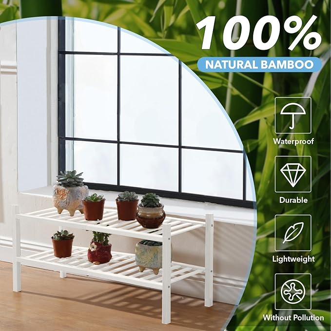 2 Tier Bamboo Shoe Rack Storage Organizer for Closet, Multifunctional Stackable Free Standing Shoe Shelf Organizer for Small Space,Entryway, Hallway, Bathroom27 x11 x13 (White, 2 Tier)