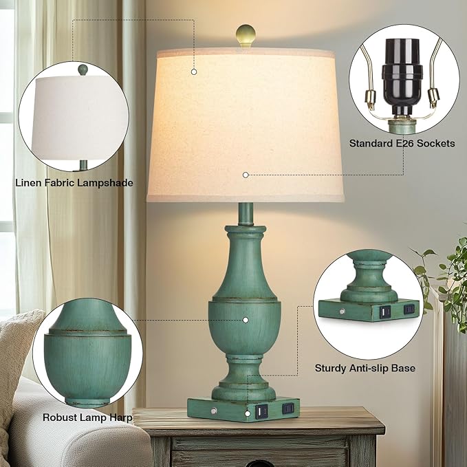 Farmhouse Table Lamp Set of 2, Rustic Touch Control 3-Way Dimmable Lamps with USB A+C Charging Ports & AC Outlet, Vintage Retro Antique Bedside Lamp for Living Room Bedrooms Nightstand Green