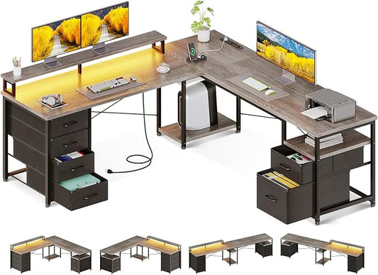 AODK 66" L Shaped Desk, 113" Computer Desk with File Cabinet & 4 Fabric Drawers, Home Office Desk with Monitor Shelf & Power Outlet, Two Person Desk or Corner Desk, Gaming Table with LED Light, Grey