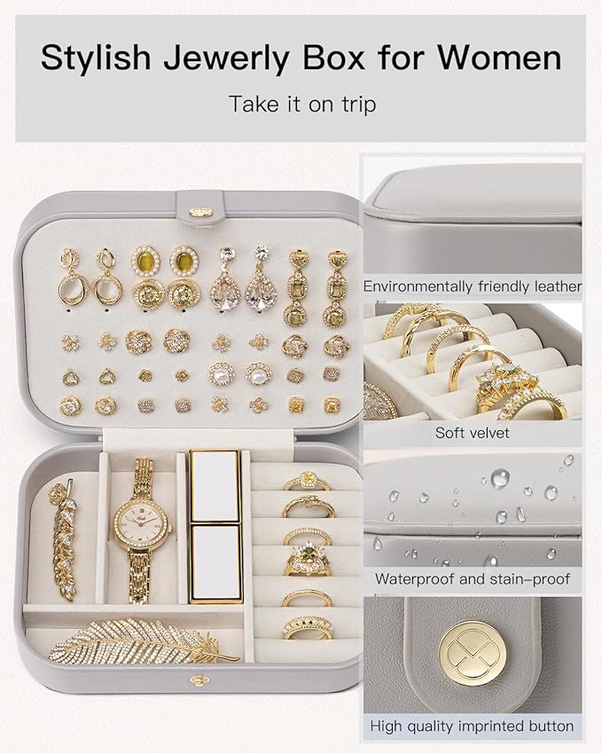 Vlando Travel Jewelry Case, PU Leather Travel Jewelry Box with Earring Holder, Portable Display Small Jewelry Box for Mothers Day Women Girls Gift - Grey