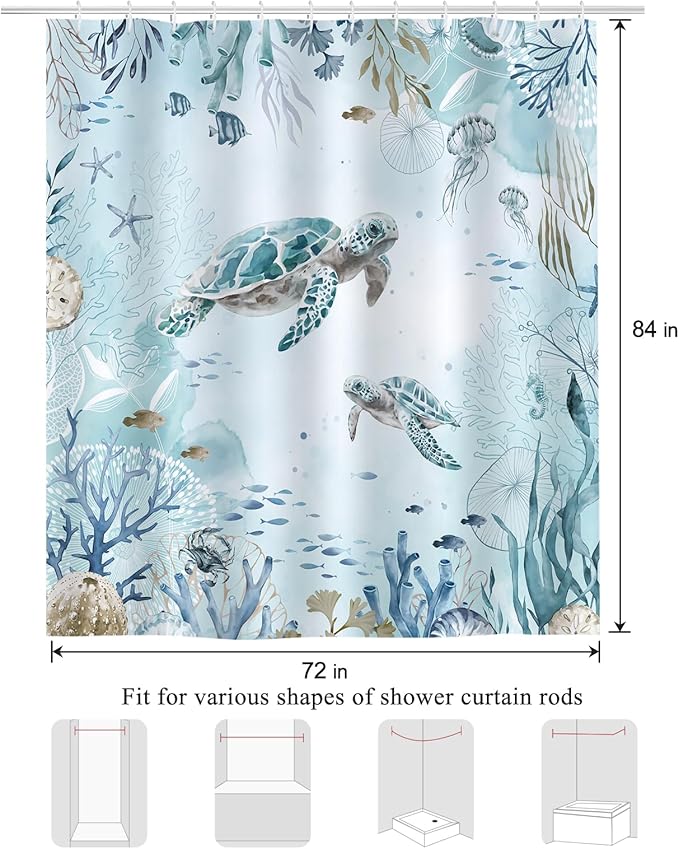 Bonhause Sea Turtle Shower Curtain for Bathroom Teal Blue Ocean Beach Coastal Decorative Bath Curtain 72 x 84 Inch Polyester Fabric Waterproof Bathroom Curtain with 12 Hooks
