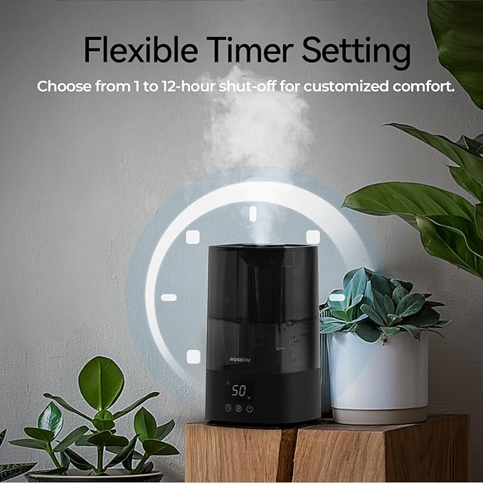 Automatic Humidifiers for Bedroom Large Room, 4.5L Cool Mist Humidifier for Home & Plant with Timer & Humidity Sensor, Last Up to 18H on High Setting, Auto Shut-Off, 360° Nozzle (Black)