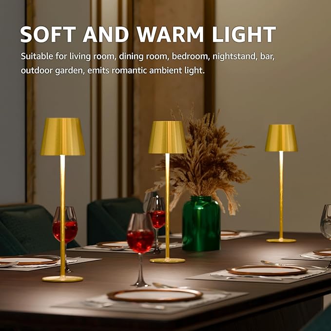 uuffoo 2 Pack Rechargeable Table Lamp Battery Operated Cordless Table Lamps with 3 Colors Stepless Dimming, Desk Night Light for Restaurant, Patio, Bedroom, Bar (Electroplated Gold)