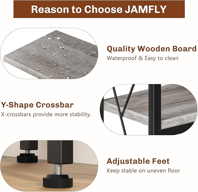 JAMFLY 5-Tier Corner Bookshelf, Industrial Corner Bookcase, Book Shelves with Metal Frame, Large Open Display Bookshelves, L-Shaped Shelf for Living Room, Bedroom, Home Office, Grey