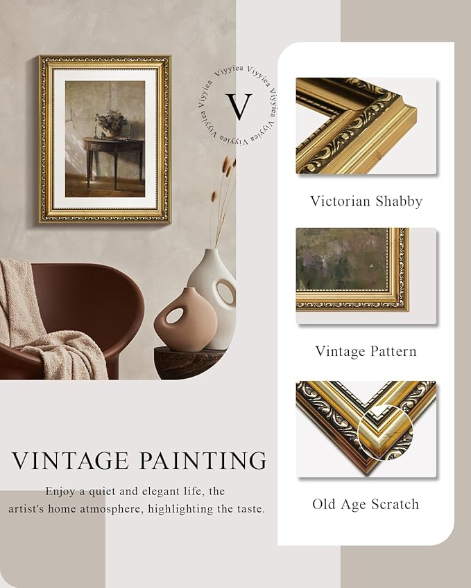 VIYYIEA Gold Framed Wall Art, After Noon Canvas Print Home Decor Vintage Art Painting Picture Bathroom Wall Decor, Potted Plant Artwork for Living Room Bedroom Kitchen Office - 14L x 11W