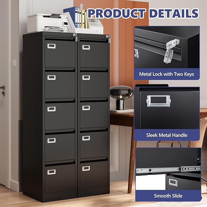 5 Drawer File Cabinet with Lock, Metal Filing Cabinets, 5-Vertical Filing Cabinet,Steel Lockable Storage Cabinets for Home Office to Organization Hanging Letter/Legal/F4/A4