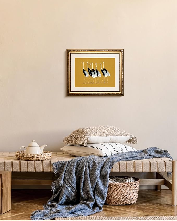 VIYYIEA Gold Framed Wall Art Canvas Print Home Decor, Vintage Cranes Wall Art for Living Room, Vintage Animal Oil Painting Picture, Print Framed Home Decor, Bathroom Wall Decor Seven Cranes 13x16in