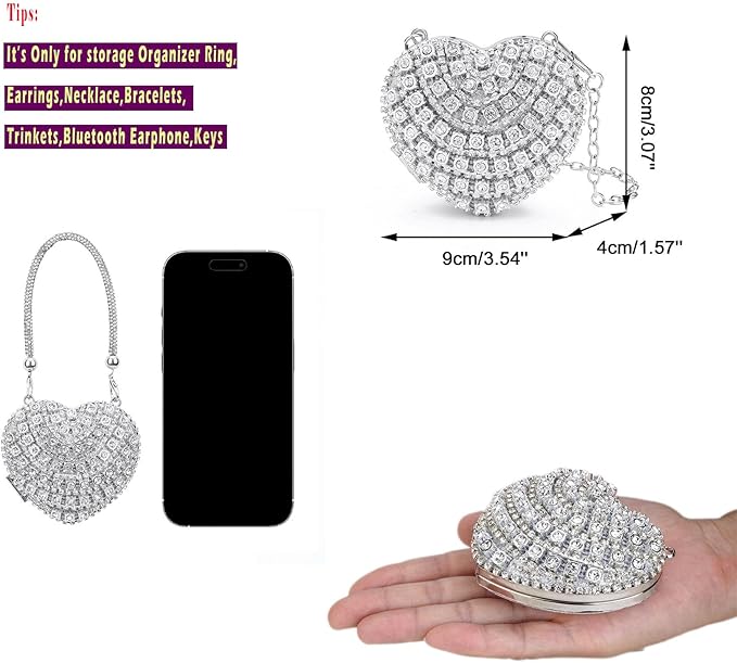Ayliss Jewelry Trinket Box Heart Shaped Rhinestones Love Jewelry Gift Box Storage Organizer Ring/Earrings/Necklace Women Evening Clutch Rhinestone Purses (Silver)