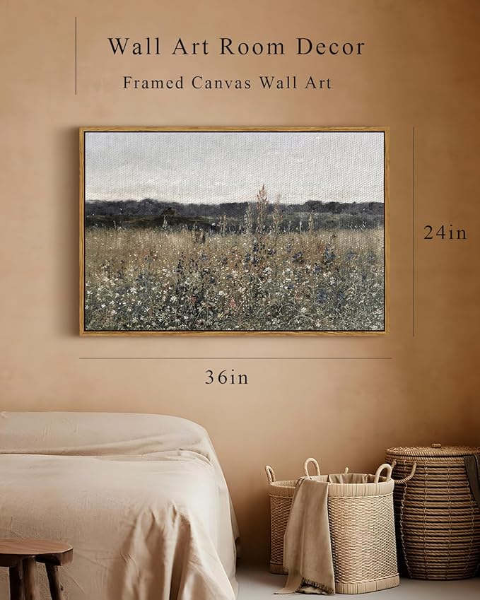 InSimSea Framed Canvas Wall Art, Landscape Art, Meadow with Flowers, Modern Farmhouse Decor, Cottagecore Bedroom Bathroom Office Decor, 24"x36"