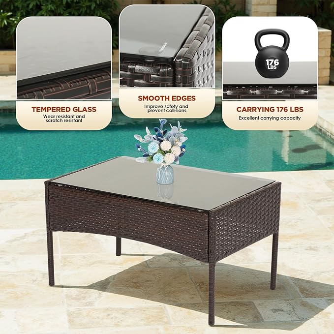 FDW | 4-Piece Patio Furniture Set | Brown & Blue | Outdoor Wicker Furniture with Coffee Table | Modern Rattan Chairs Conversation Set | Outdoor Seating | Weather-Resistant | for Porch, Garden, Lawn