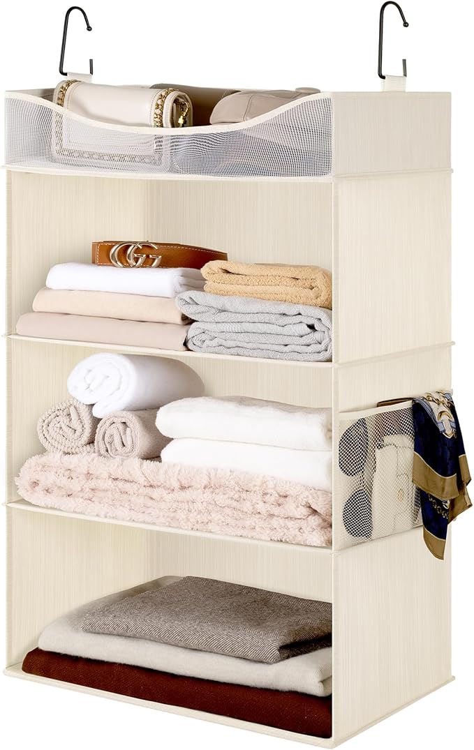 StorageWorks Hanging Closet Organizer, 3-Shelf Hanging Closet Shelves with Top Shelf, 19 ¾"W x 12" D x 31" H, Extra-Large Space, Ivory White