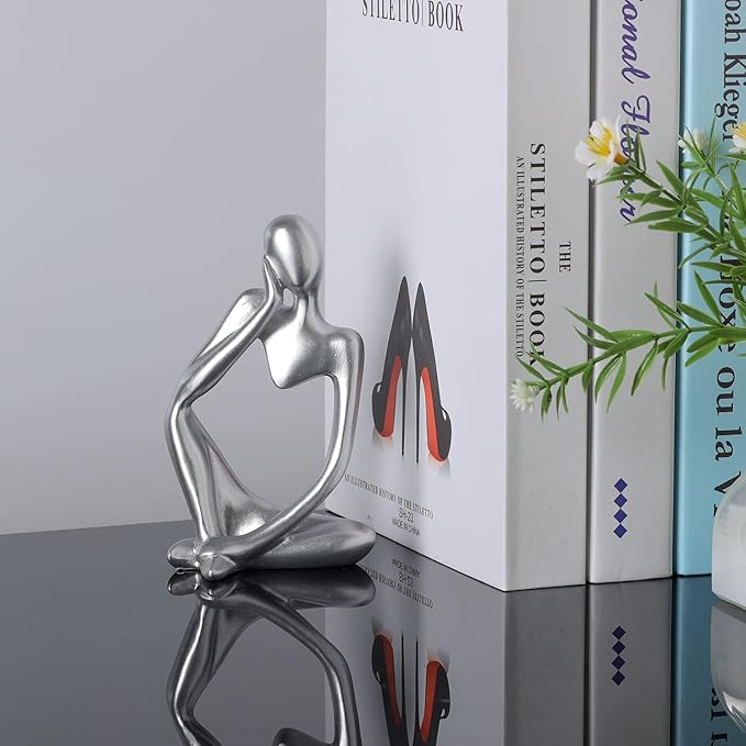 Thinker Statue Gold Decor Abstract Art Sculpture, Golden Resin Collectible Figurines for Home Living Room Office Shelf Decoration,Great Gifts Ideas (Silver)