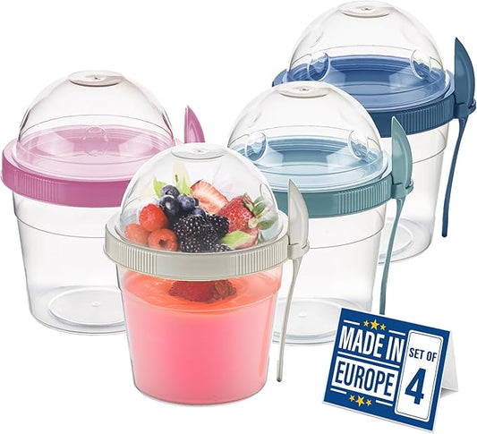 Crystalia Reusable Yogurt Parfait Cups with Leak-Proof Lids, On the Go Plastic Bowls with Topping Cereal Oatmeal Salad or Fruit Container, Set of 4, Made in Europe (Small 17 oz)