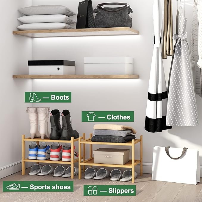 Small Shoe Rack, 2-Tier Bamboo Wood Shoe Rack for Entryway, Stackable Shoe Organizer for Hallway Closet, Free Standing Shoe Racks for Indoor & Outdoor